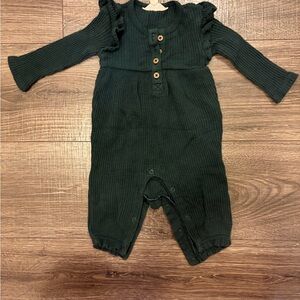 Burts Bees Dark Green Waffle knit Baby Romper with Ruffle Shoulders